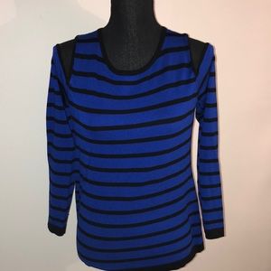 Cable & Gauge scoop neckline blue and black stripe cold shoulder sweater